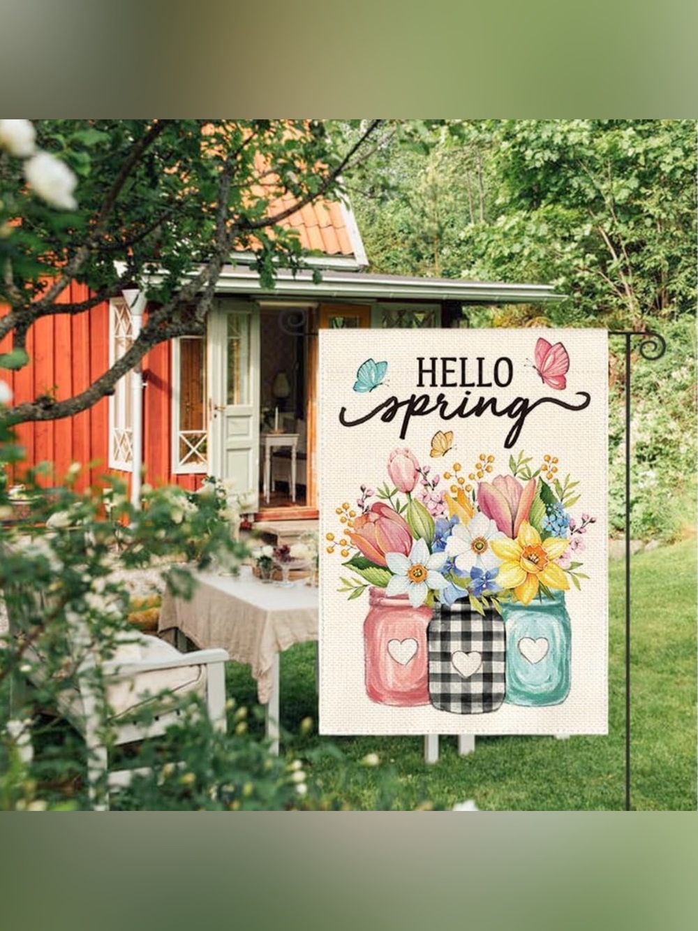 Hello Spring Floral Mason Jar Garden Flag - Pink, Black, Teal